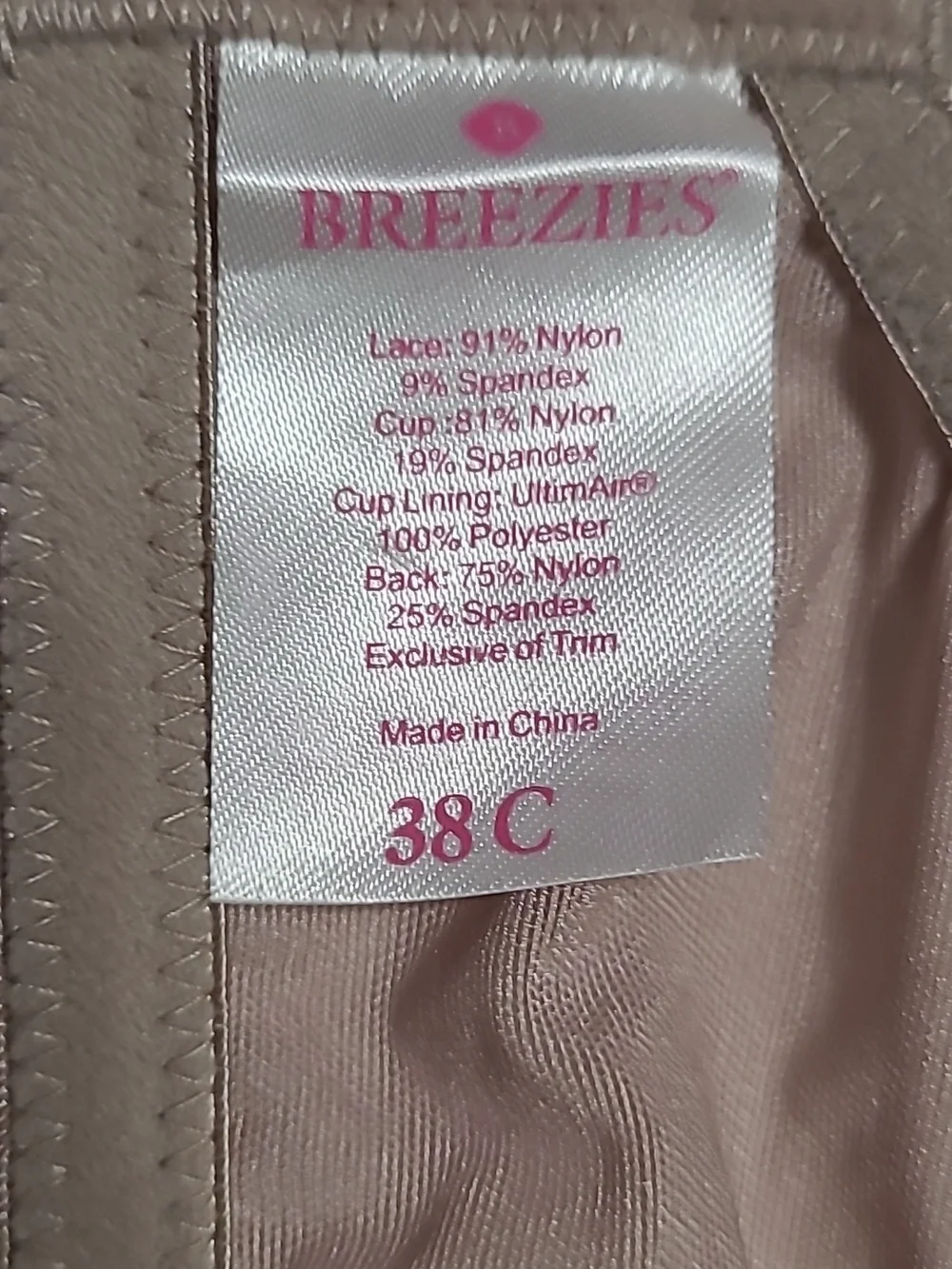 Breezies Taupe Satin Lace Underwire Bra size 38C